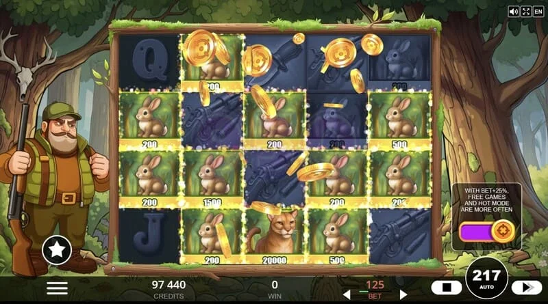 Hunt the Bucks - symboles spéciaux Hunter-Wild, Scatter et Animal Credit sur la grille